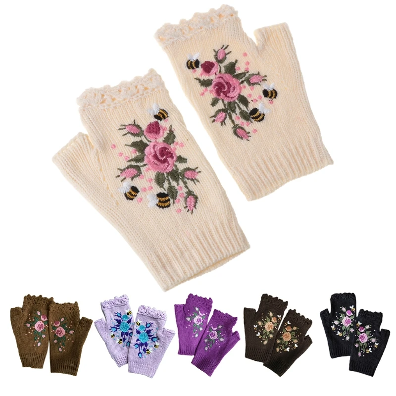 

Women Winter Knitted Fingerless Gloves Floral Bee Embroidery Thumbhole Mittens M5TE