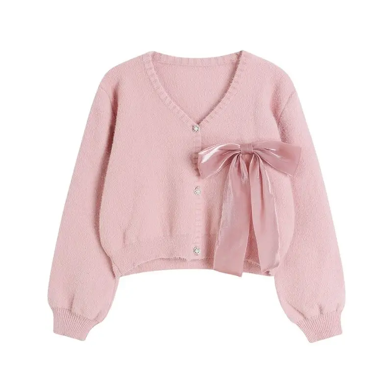 

Winter Women's Bow Pink Sweater Cardigan Loose Knit Coat Soft Casual Female Cute Women Knitted Sweaters Mink Velvet Short Coats