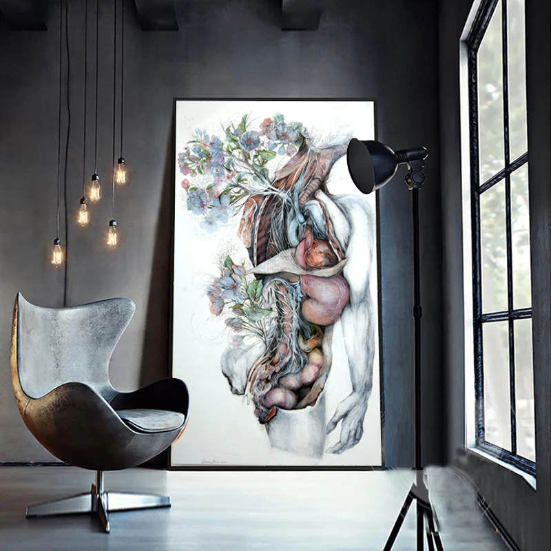 

WANGART Poster Flower Body Oil Painting Disappearing of the Half Man Anatomical Wall Art For Living Room Print