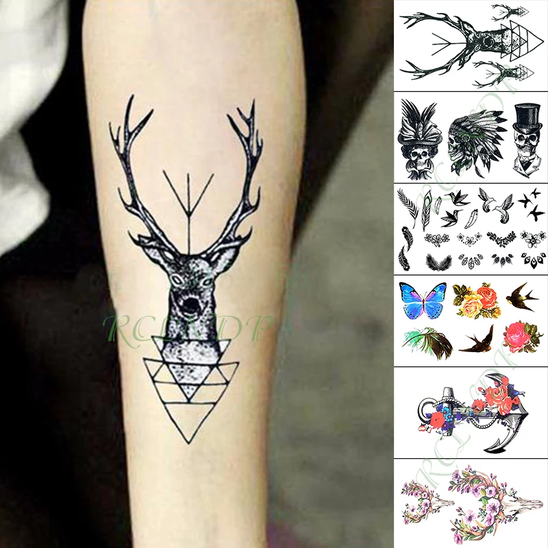 Waterproof Temporary Tattoo Sticker feather deer head flower skull small art tatoo fake tatto flash tattoos for kid men women | Красота и