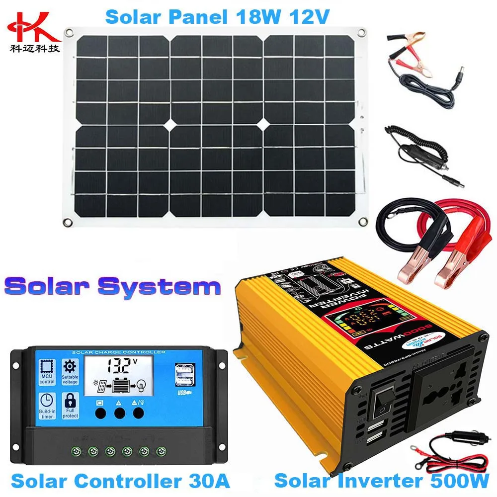 T3Y Power System = Solar Power Inverter Converter  Transformer 12 v to 110 v 220 v 500w + Solar Panel 18w 12v + Controller 30A
