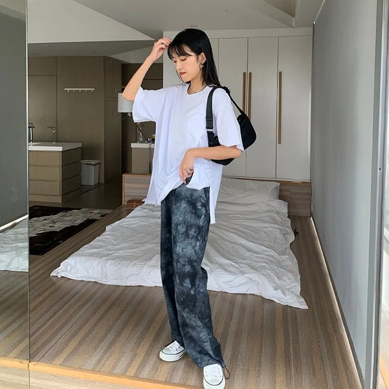 

QWEEK Pink Tie Dye Pants Women Vintage Wide Leg Pants 2021 Korean Fashion Designer High Waist Harajuku Straight Trousers Women