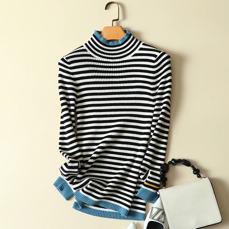 

Striped Patchwork Knitted Women Sweater And Pullovers Long-Sleeved Office Lady Buttoming Pulls Outwear Tops