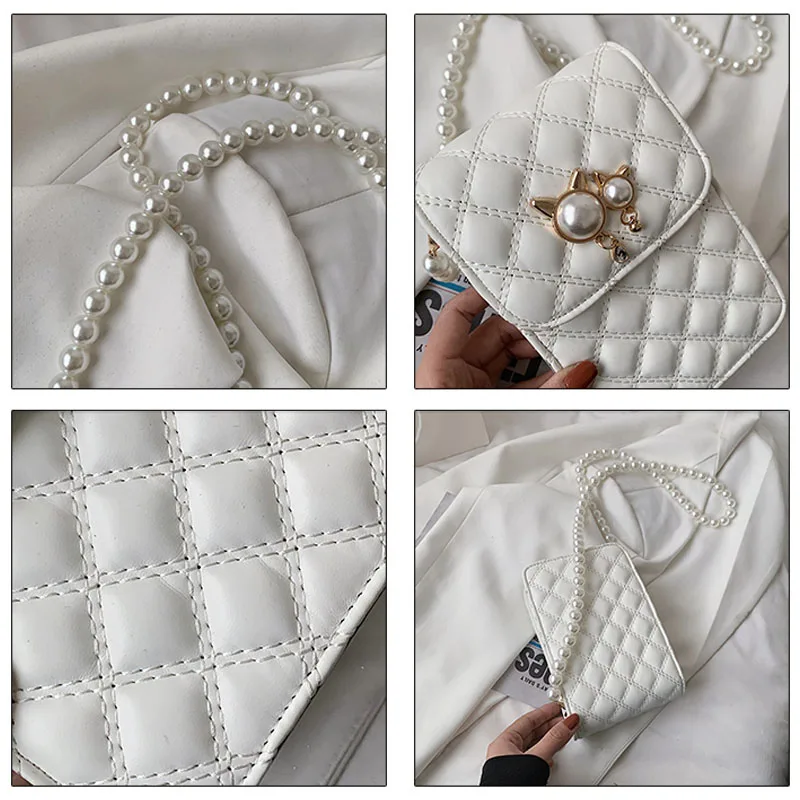 

Women's Crossbody Bag Fashion Lingge Shoulder Bags Female Pearl Phone Pack Lady High Quality Leather Square Handbag Luxury Purse