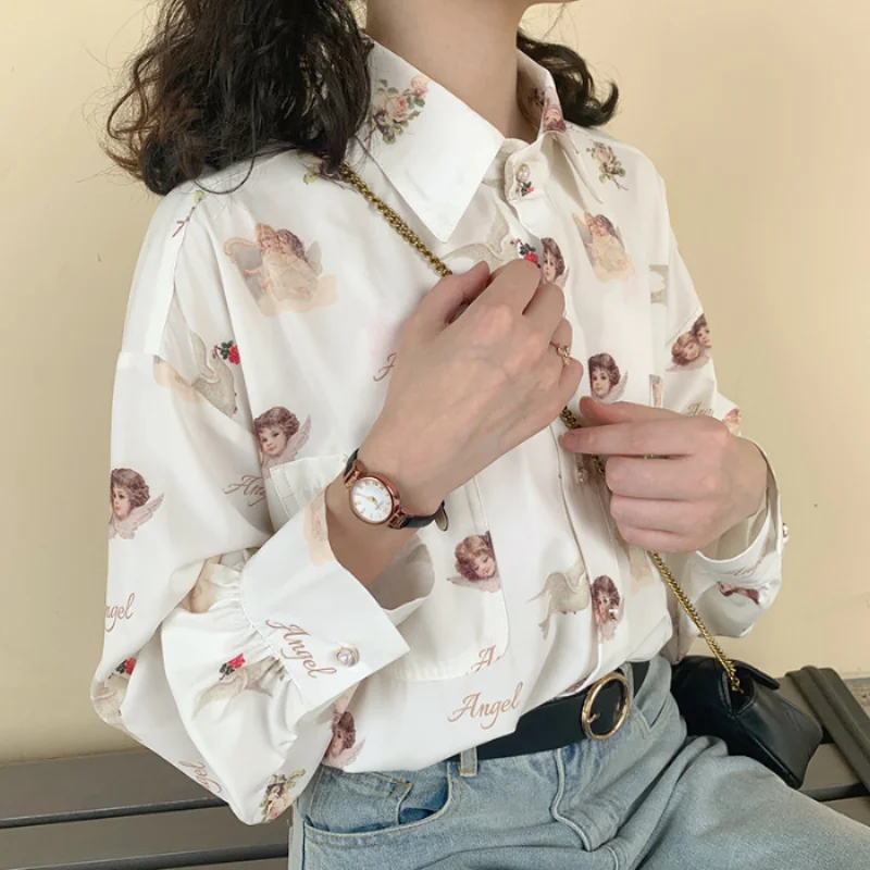 

Elegant Retro Women 's Blouse 2021 New Chiffon Angel Print Lapel Bishop Sleeves Top Harajuku Students Casual Street Clothing