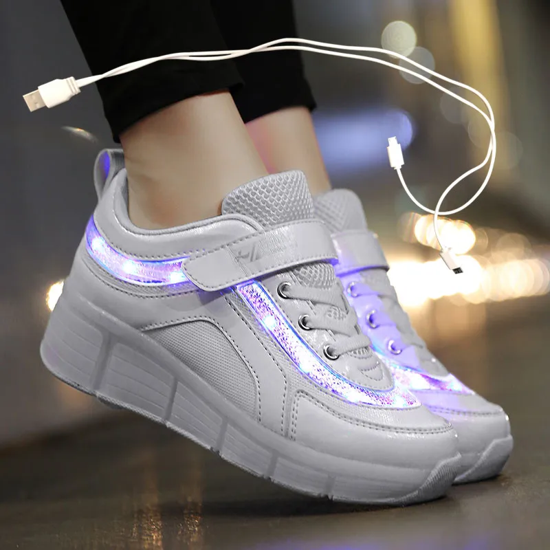 

Black Pink White USB Charging Fashion Girls Boys LED Light Roller Skate Shoes For Children Kids Sneakers With Wheels One wheels