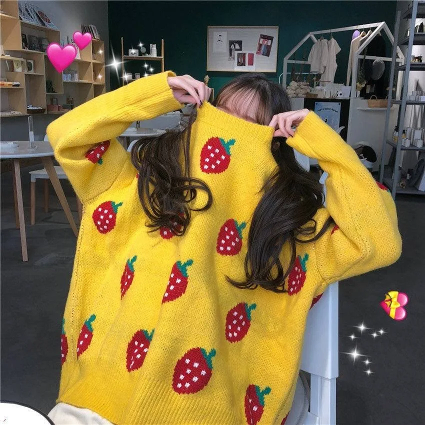 

Sweet fruit embroidery knit sweater autumn new women's long sleeved bottoming sweater loose Korean style lazy knitted top