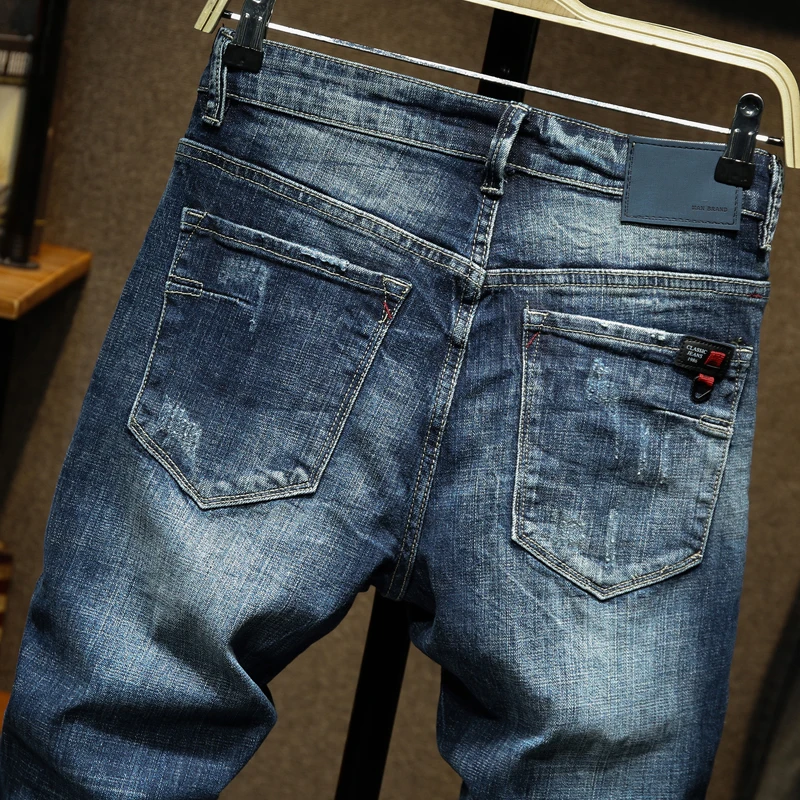 Джинсы мужские облегающие модные синие эластичные брюки из денима роскошные