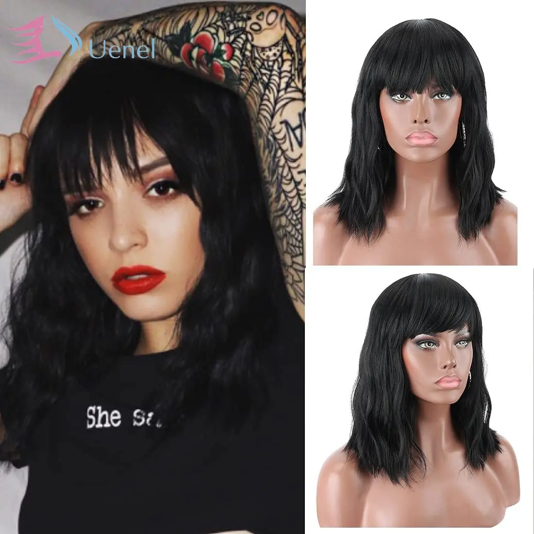 

Uenel 14" Synthetic Black Wig with Hair Bangs Short Wavy Curly Wig for Women Natural Look and Heat Resistant Full Head Hair Wig