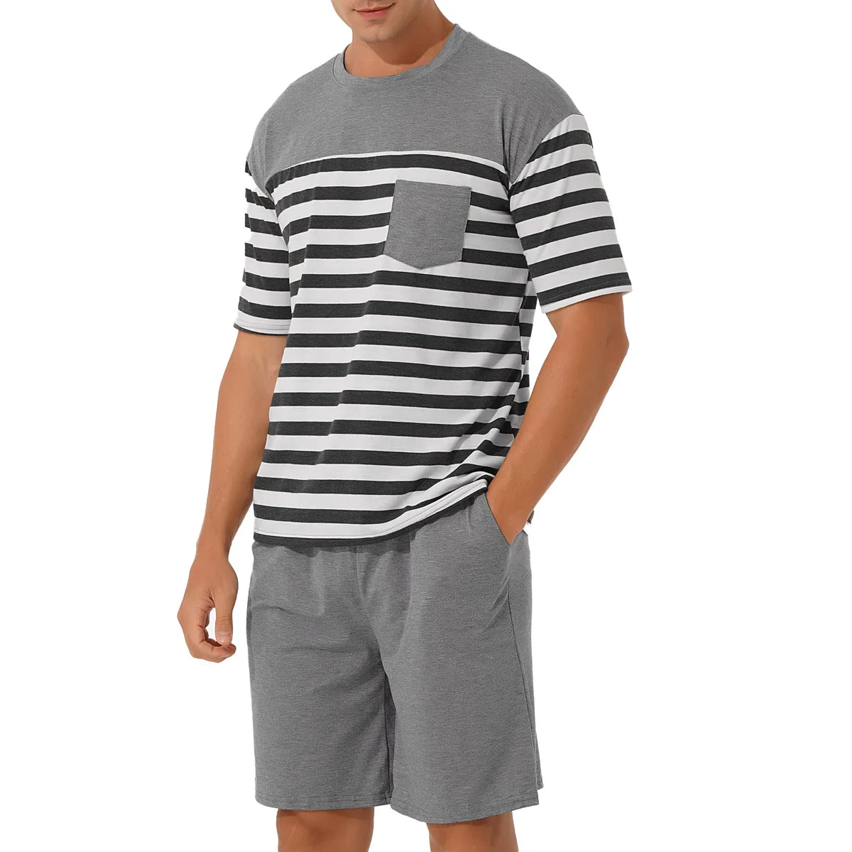 Men's Short Sleeve T-Shirt Pajama Set Stripe with Pockets Sleepwear Casual  Loungewear Home Wear