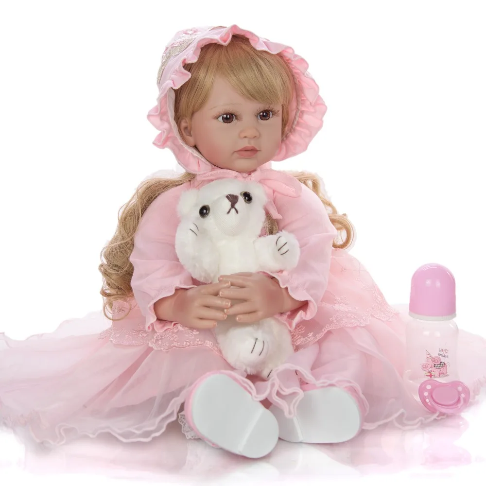 

girl doll Reborn Baby with pink hat 58 cm Silicone Vinyl Doll Blond Hair Cloth Body Alive toddler Baby children Chiristmas Gift