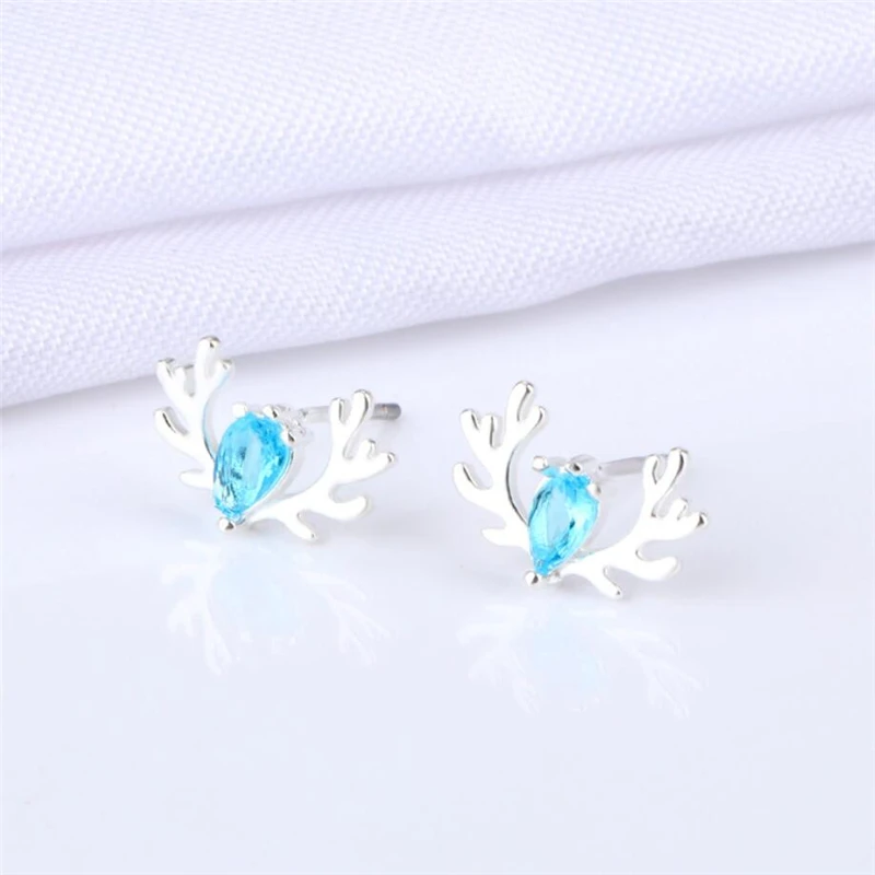 

Sole Memory Simple cute fresh blue crystal antlers Silver Color Fashion Female Stud Earrings SEA606