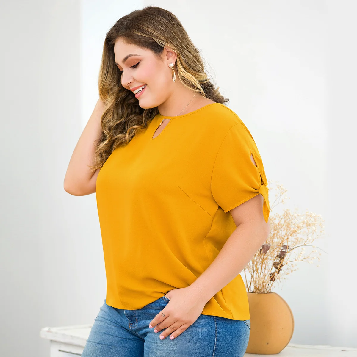 Suvance 2019 Summer Casual Yellow Color O Neck Size Xl-4xl Women Loose Short Sleeve Top Jl-mdl142 | Женская одежда