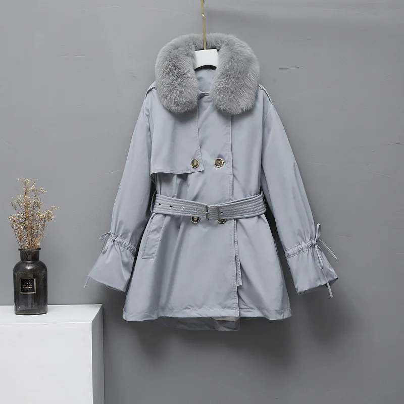 

Mid Women Winter Length Clothes Office Lady White Duck Down Black Sashes Haze Blue Warm Coats With Fur Collar For Female