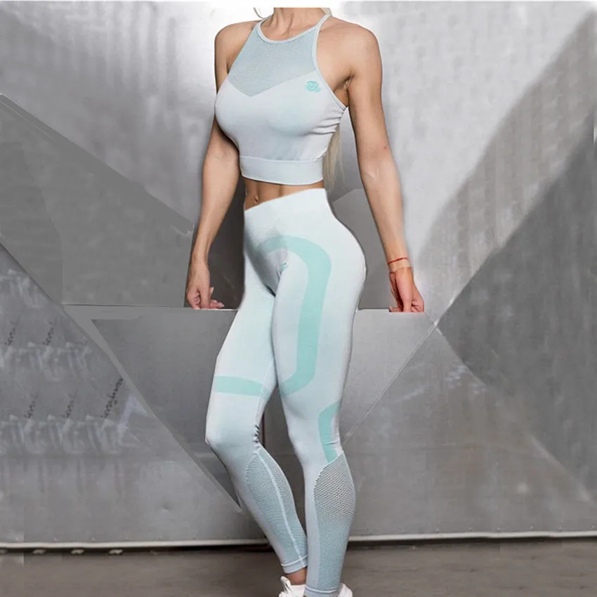 CB254 blue set Женская Спортивная одежда для бега, эластичные леггинсы для фитнеса, бесшовные компрессионные колготки для спортзала с контролем живота, штаны для йоги с высокой талией - Цвет: CB254 blue set