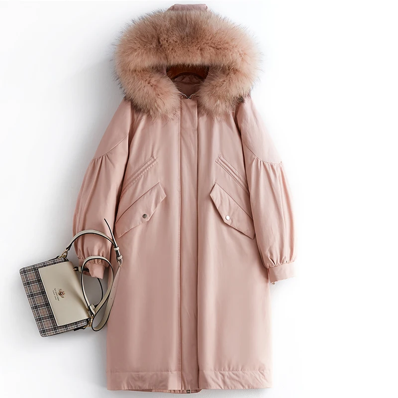 Pink Tcyeek пуховая парка женские куртки на утином пуху Женское зимнее пальто Новое удлиненное худи натуральная Шуба енотовая плюс размер 19R02135 - Цвет: Pink