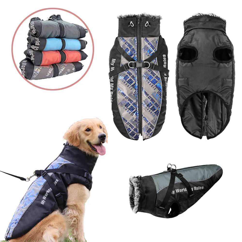 

Large Dog Clothes Winter Warm Waterproof Fur Collar Coats Vest For Medium Large Dogs Pet Jackets Harness Dog Outfit Clothing