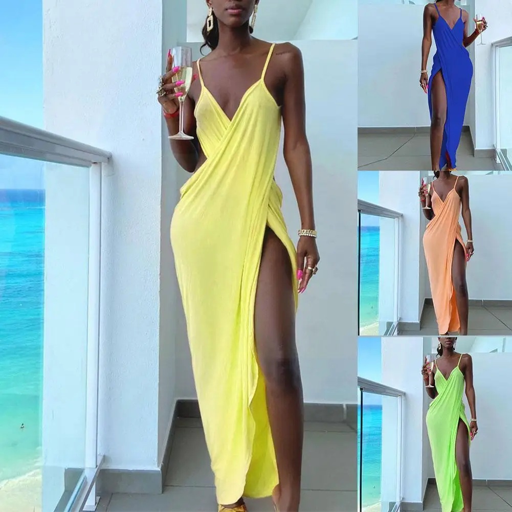 

Spaghetti Strap Wrap Maxi Dress Women Club Party Draped Split Sexy Backless Long Sleeveless Summer Outfits Dresses D0e6