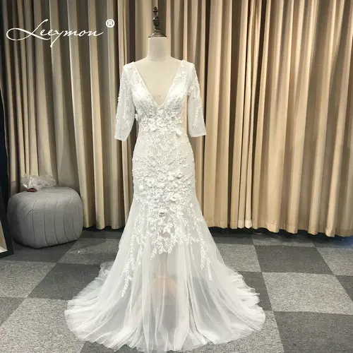 Leeymon 2020 New Sexy Mermaid Wedding Dress Appliques Sequins Fashion Elegant Bridal Gown Detachable Train Robe De Mariee | Свадьбы и