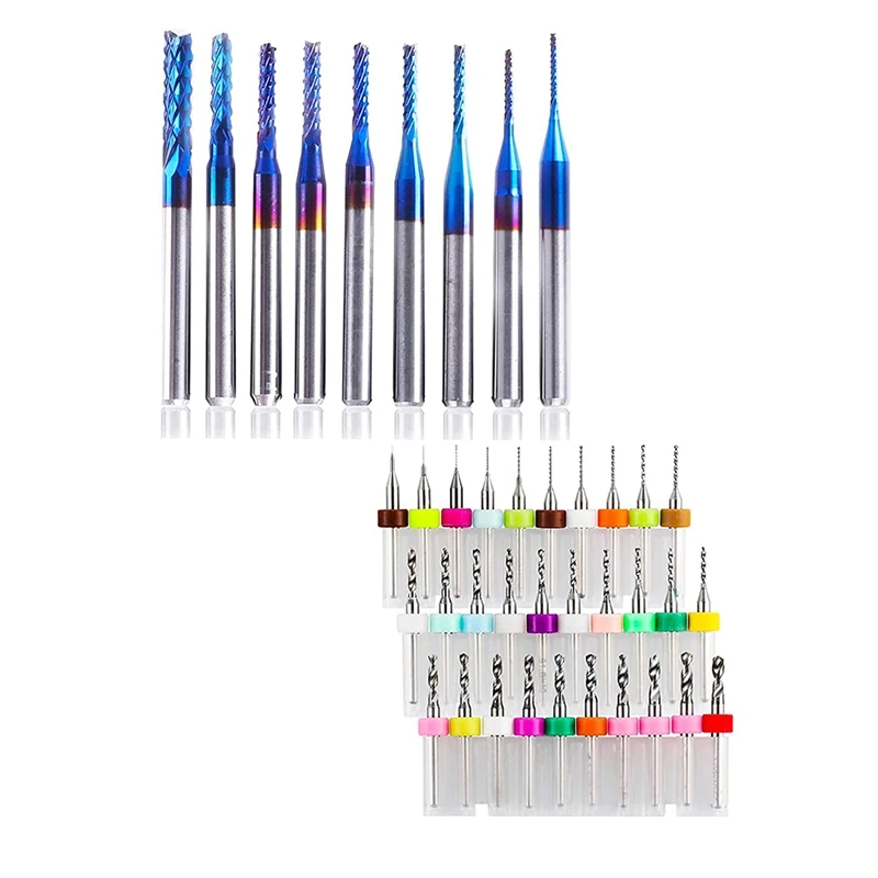 

10PCS Nano Blue Coat End Mill Cncrouter Bits+30PCS PCB Drill Bits Set, 0.1Mm-3.0Mm For Print Circuit Board CNC Engraving