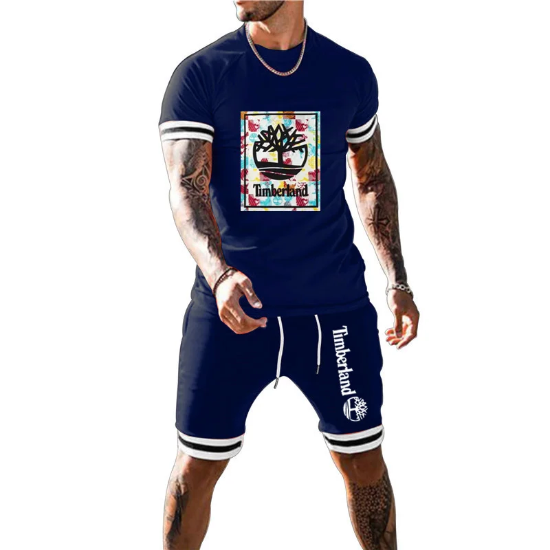 

New men's summer T-shirt set 2 pieces of sportswear fitness short-sleeved + shorts set O-neck cotton short-sleeved men's sets