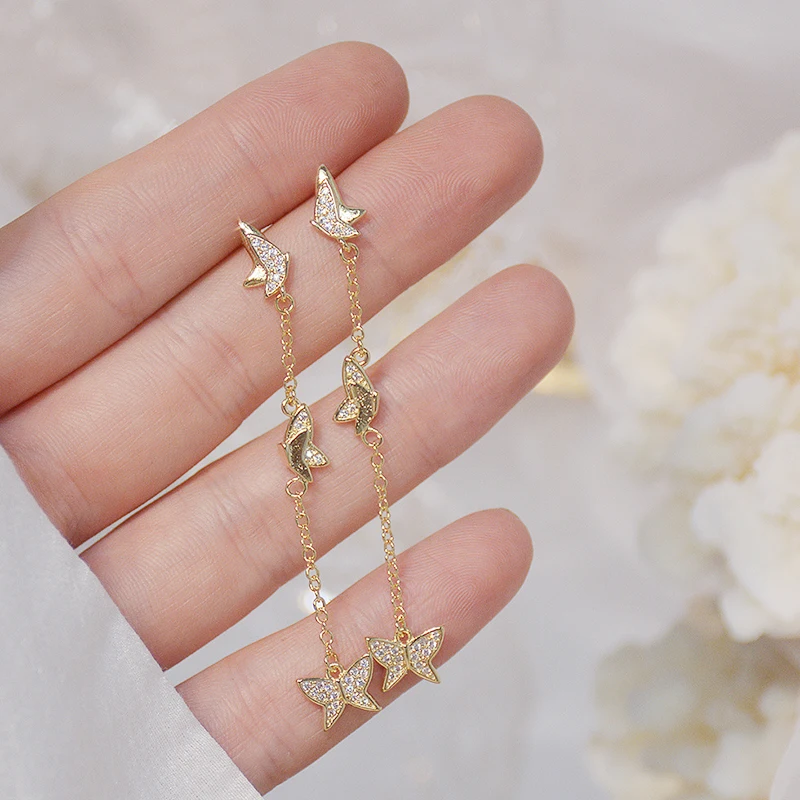 

2021 New Arrive Popular Design 14K Real Gold Butterfly Temperament Earrings for Women Charm Zirconia Stud S925 Silver Needle Hot