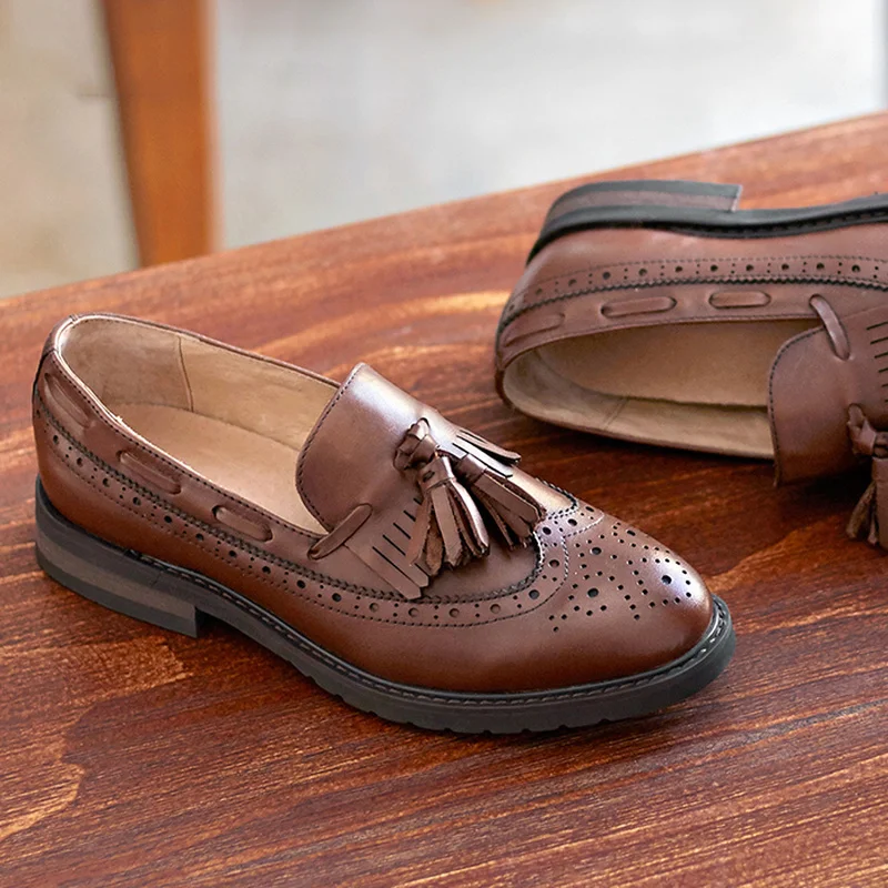 Женская Осенняя обувь 2019 года из натуральной кожи Лоферы без застежки с