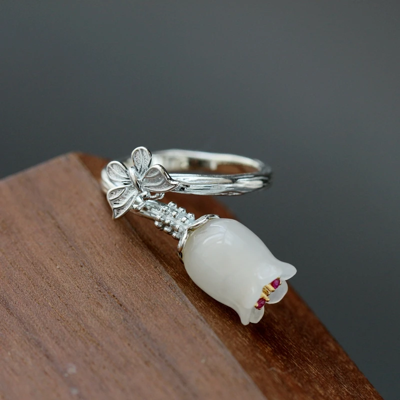 

Authentic 925 Sterling Silver Rings Inlaid Natural White Jade Petal Fashion National Style Women Opening Adjustable Ring Gift