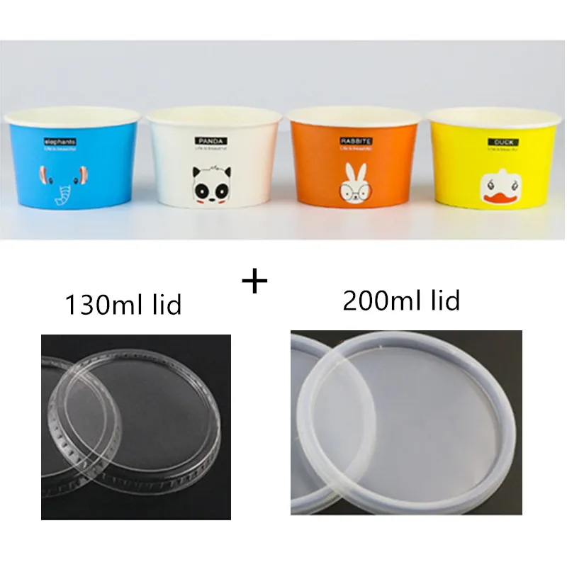 cup and lid 50 шт цветная одноразовая бумажная миска для мороженого с мультяшными животными 130 мл/200 мл круглая чашка для десерта, пирога, йогурта, фруктового пудинга с крышкой - Цвет: cup and lid