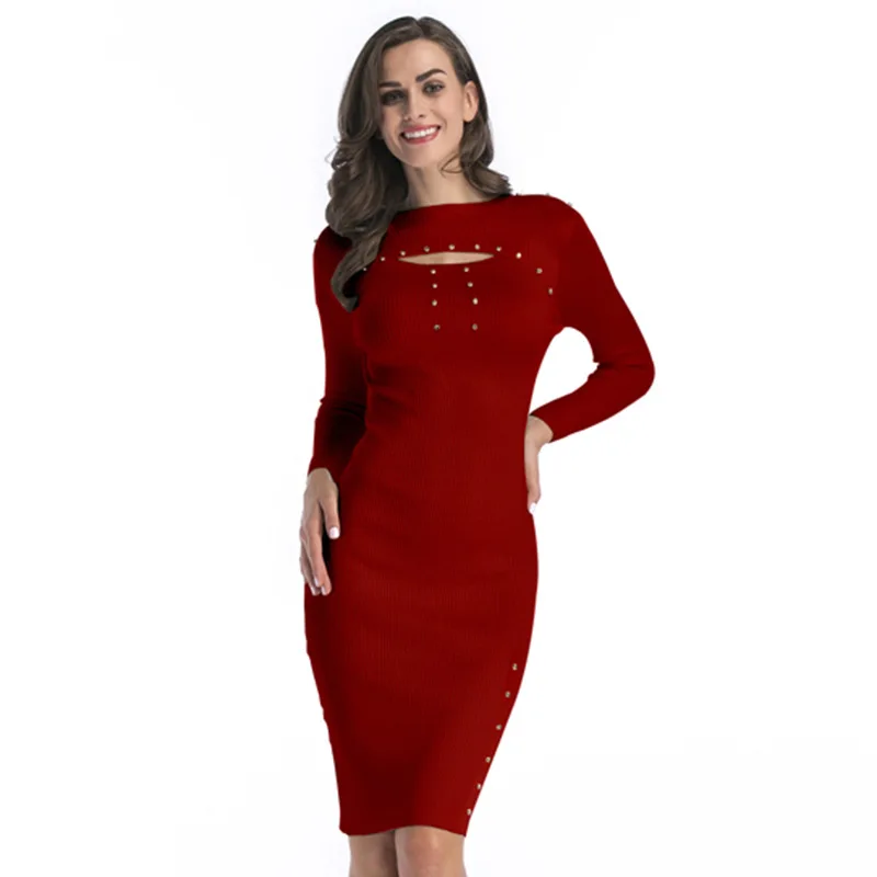 

Autumn and Winter Woman's Sexy Solid Color Long-sleeved Knit Dress with Hips, Slim and Slim