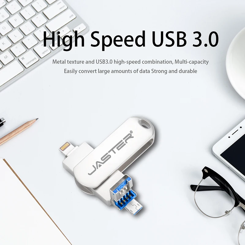 

JASTER Pen Drive Lightning Otg Usb Flash Drive 3.0 para Iphone ipad Android 16gb 32gb 64gb 128gb 256gb Pendrive 3 in1