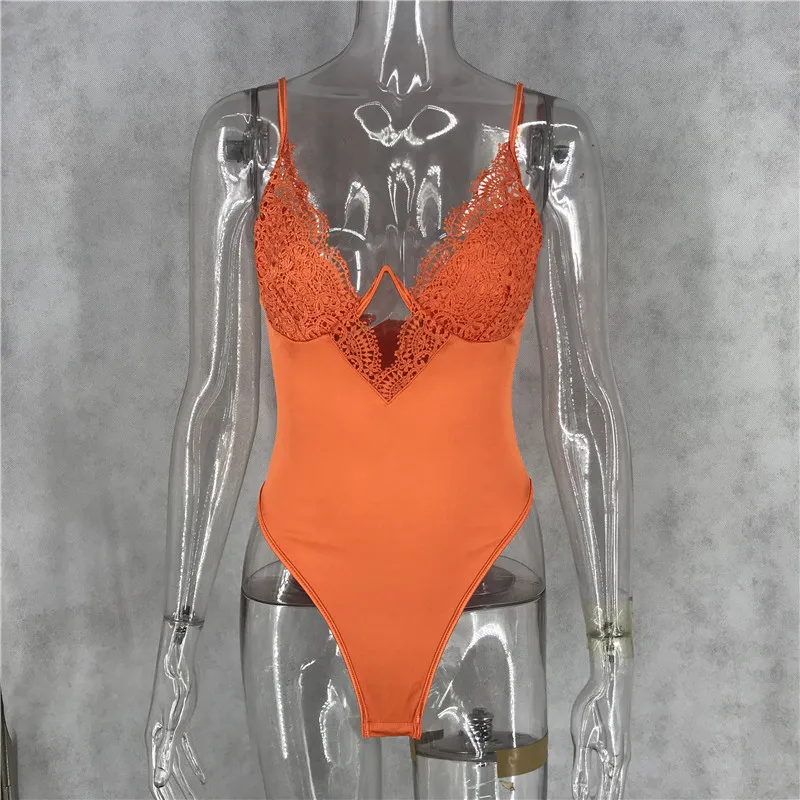 

CHRONSTYLE2021 Female Bodysuit Solid Color V-neck Sleeveless Low-Cut Rompers Lace Patchwork Bodycon Jumpsuit Underwire Summer