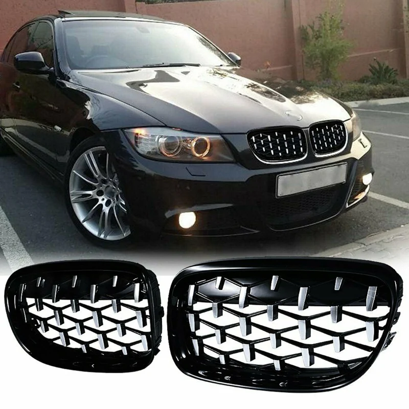 

2Pcs Car Front Bumper Hood Kidney Grille Diamond Meteor Racing Grill Chrome+Black for -BMW 3 Series E90 2009-2012