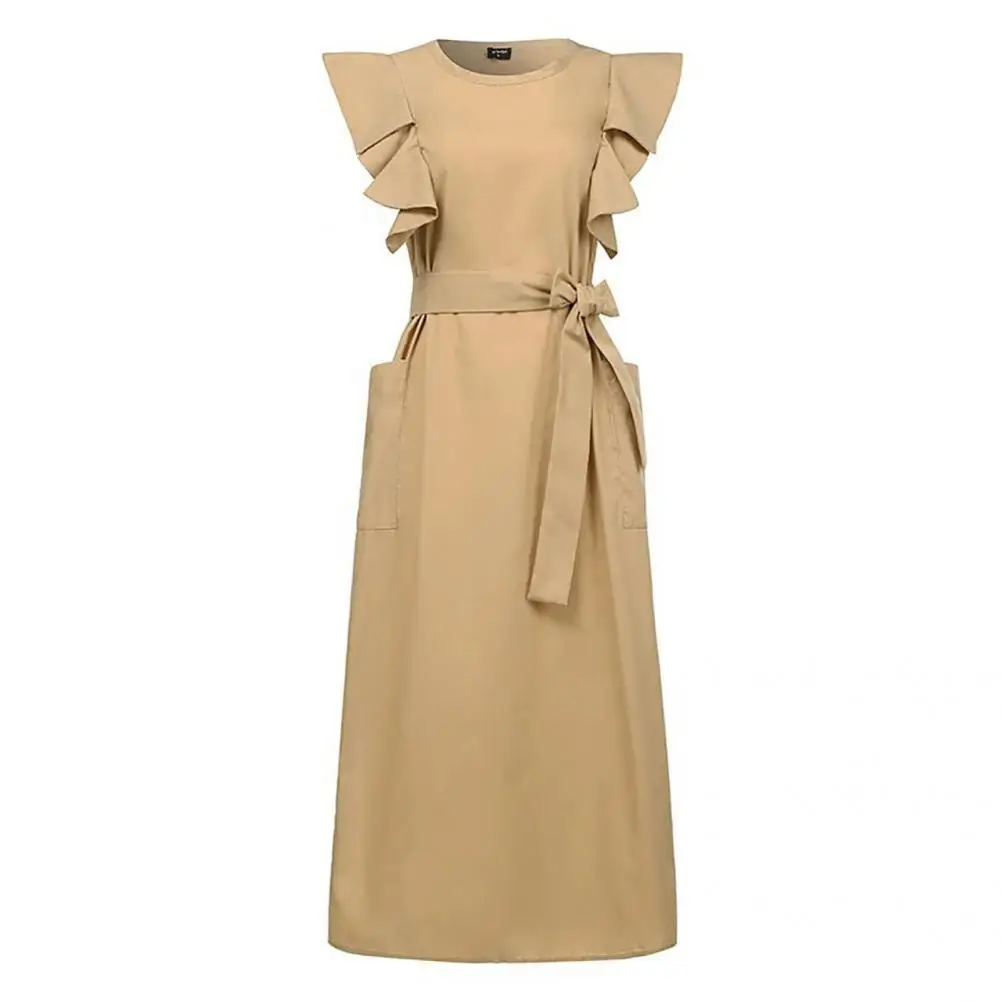 

Женское платье без рукавов, с круглым вырезом и оборками