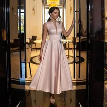 Simples chá comprimento cetim vestido de noite 2022 decote em v sem mangas baile de formatura vestido de festa rosa/preto sexy sem costas a linha robe de soiree (2)