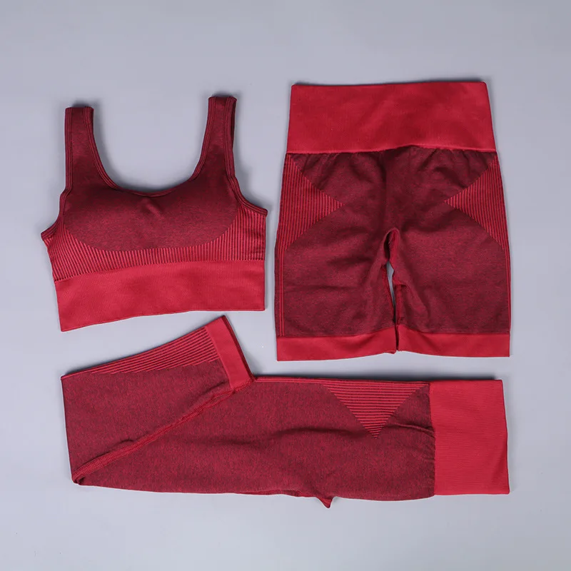 

Fitness wear women's tight high waist pants sports underwear set seamless set running sports three-piece set