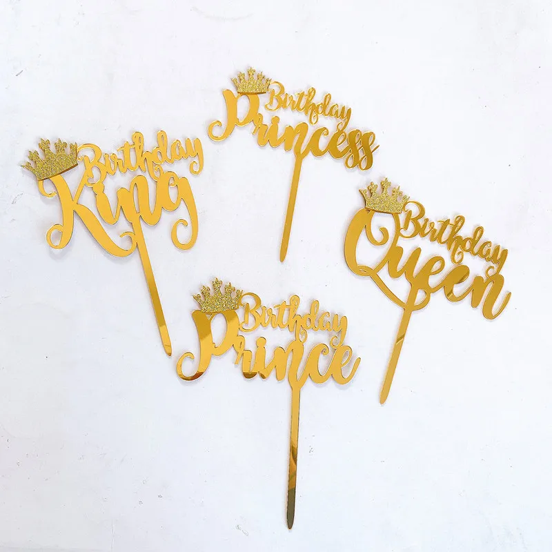 

Queen King Acrylic Happy Birthday Cake Topper Golden Princess Queen Cupcake Topper For children's birthday party Cake Decoration