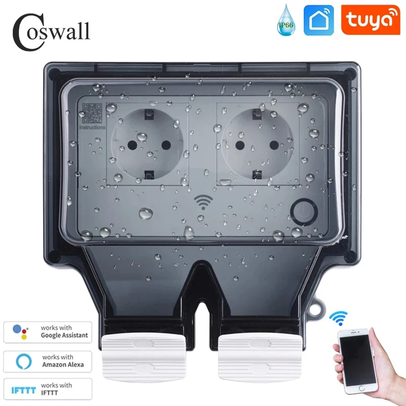 Controle de Voz Água ao ar Trabalho com Alexa Ip66 à Prova Coswall Tuya Vida Inteligente Wifi Dwaterproof Livre Único Duplo ue Soquete Google Casa Ifttt –