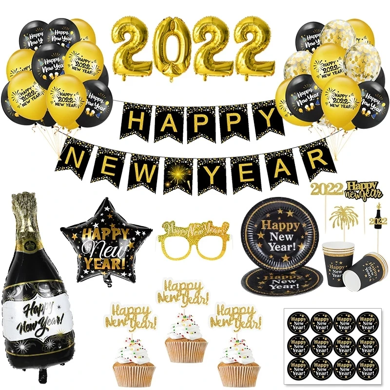 

2022 Happy New Year Gold Number Foil Balloons Paper Banner Navidad New Year Eve Christmas Party Decoration Cupcake Toppers
