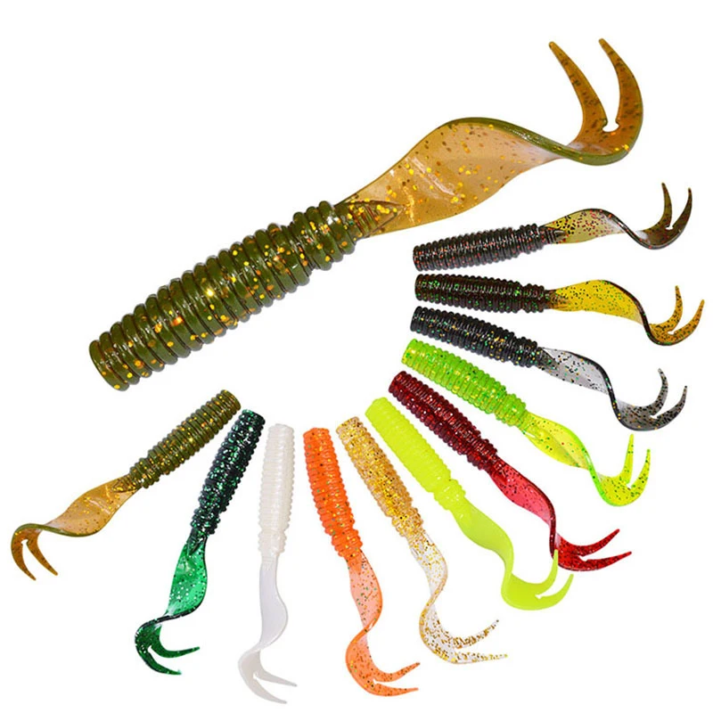 

8pcs Curl Worm Soft Bait 75mm 3.3g Jig Wobbler Artificial shrimp odor With salt Rubber Bass Fishing Lure Long Tail Swimbait