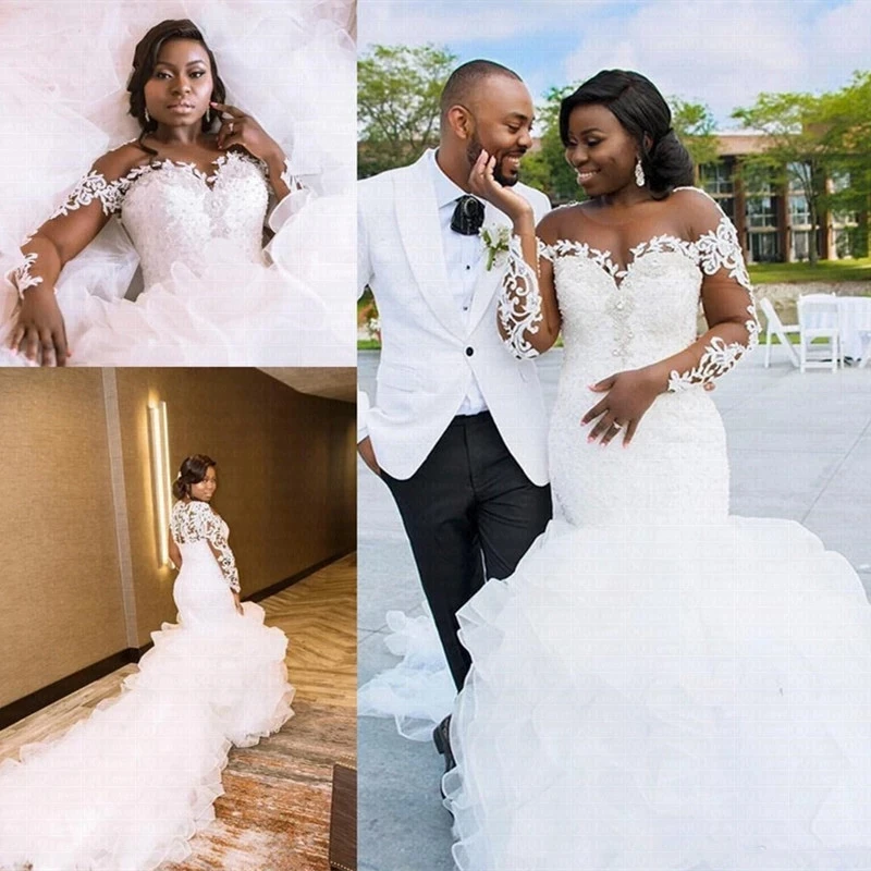 

Cheer Ruffles Long Train Mermaid Wedding Dress 2021 Lace Beaded Plus Size African Wedding Gown