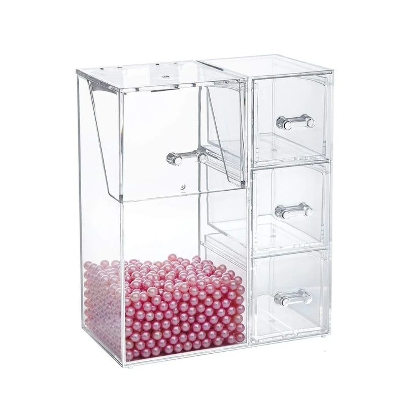 

Makeup Brush Holder with Dustproof Lid Drawer Box Free Pearls Acrylic Clear Cosmetic Organizer for vanity
