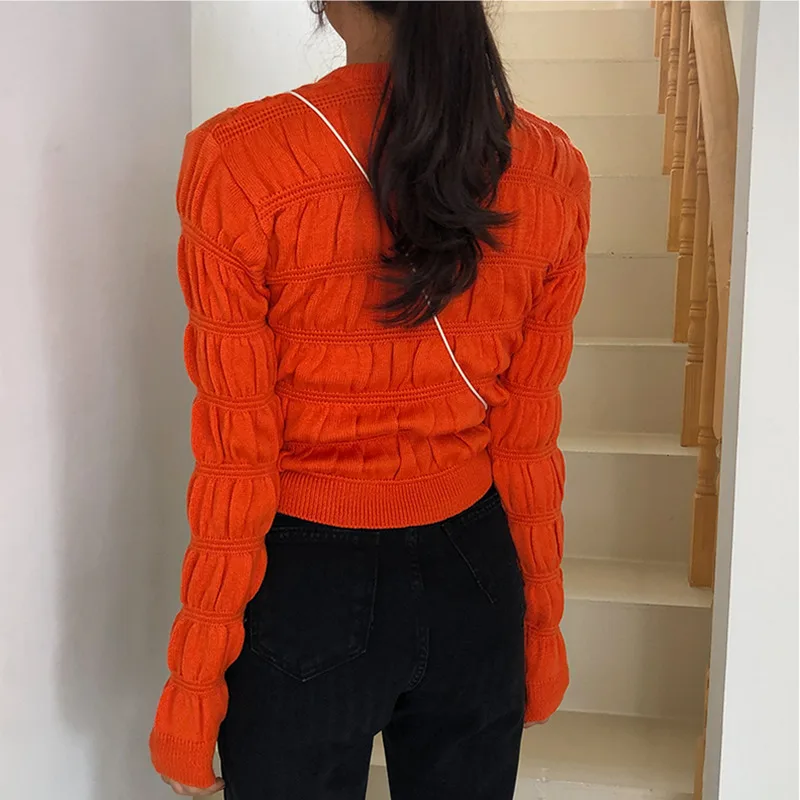 GALCAUR Vintage Ruched Knitted Sweater Female O Neck Long Sleeve Oversize Slim Pullover Womens Sweaters Clothes 2020 Fashion New | Женская