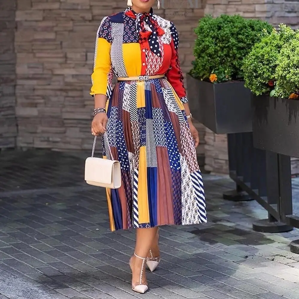 

Tie pleated print dress women dresses for women party woman dress