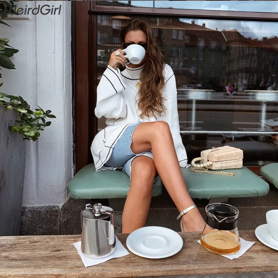 Weirdgirl Женские полосатые Элегантное платье длинный рукав с высоким, плотно облегающим шею воротником с поясом и свободные Мини повседневные платья уличная мода, вечеринки Новинка осени vestideos