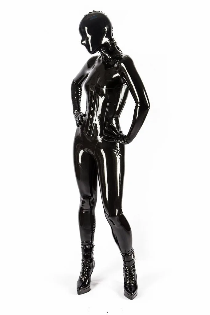 Сексуальный черный латексный костюм Gummi Catsuit с носками перчатки женские