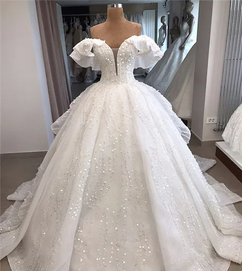 Слоновая кость Vestido De Noiva роскошное бальное платье с бусинами, свадебное платье, сверкающее Настоящее фото, пышные рукава, свадебные платья, Robe De Mariee - Цвет: Слоновая кость