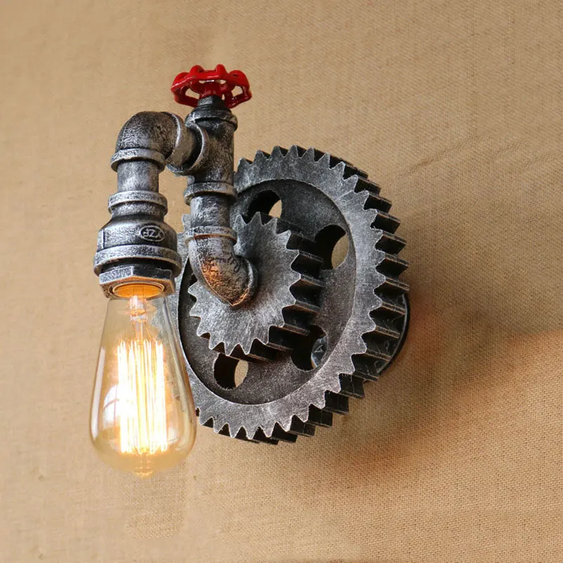 Lámpara Vintage industrial Retro Para Loft, luz de pared con rueda dentada de hierro y madera, para estudio, sala de estar, Bar, Club, cafetería, candelabro de pared con sujetador