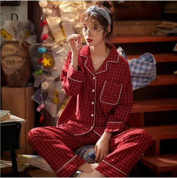 Клетчатый пижамный комплект для пар Fdfklak одежда сна с длинным рукавом на весну и