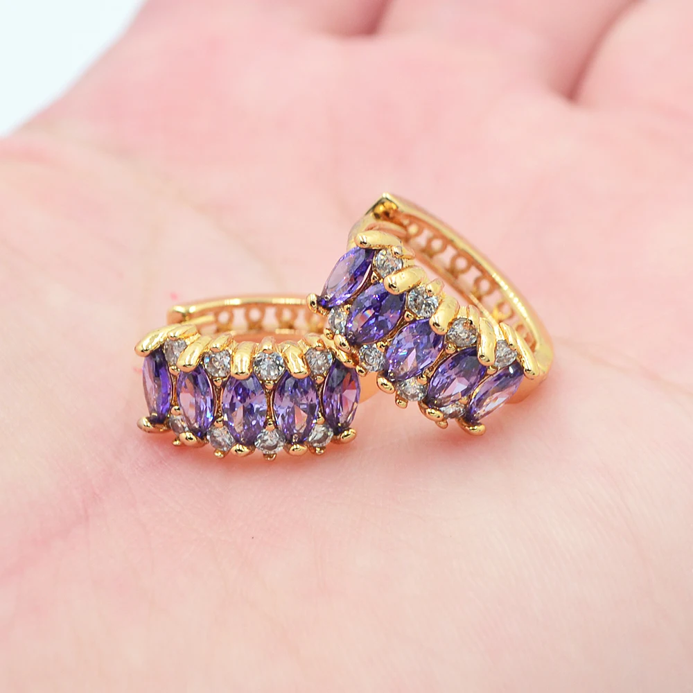 

Gold Color Fashion Purple Cubic Zirconia CZ Huggie Hoop Earrings for Women